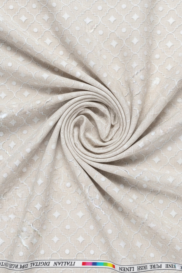 Beige Pee Gee linen digital print shirting fabric by ARVIND, showcasing intricate design and smooth linen texture.
