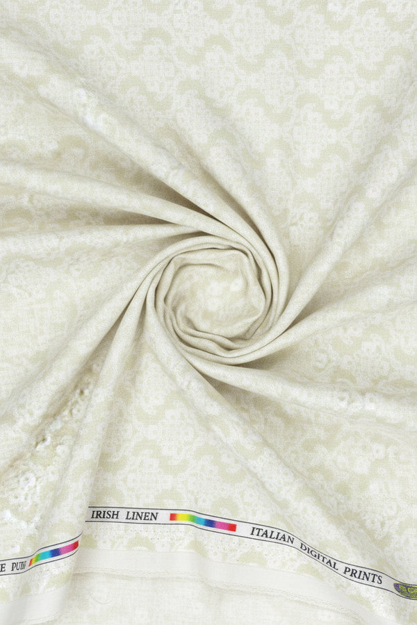 Beige Pee Gee linen digital print shirting fabric, lightweight unstitched material ideal for stylish shirts and summer wear.