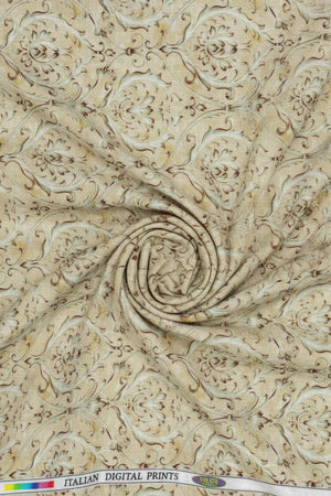 Beige fabric with intricate floral pattern, brand 'Italian Digital Prints' visible