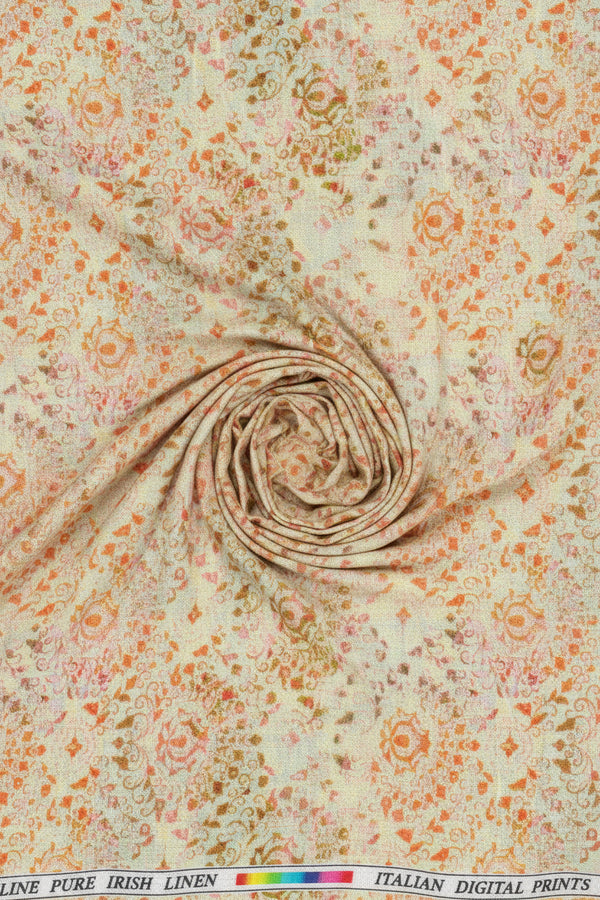 Pee Gee Linen digital print unstitched shirting fabric in orange with floral design, perfect for stylish custom shirts.