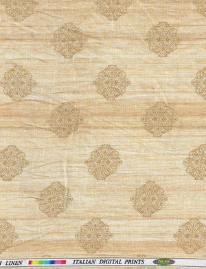 Textured beige fabric with decorative patterns on a color swatch background