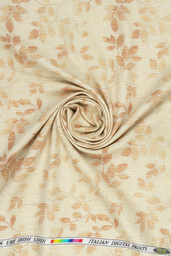 Yellow Pee Gee Linen digital print unstitched shirting fabric with intricate floral patterns, ideal for stylish summer shirts.