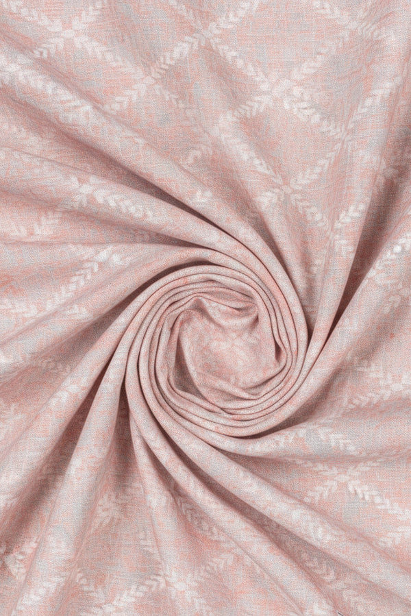 Deep peach Pee Gee linen jacquard digital print unstitched shirting fabric, detailed pattern and texture visible in the image.