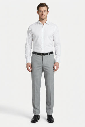 Light grey Arvind Lycra stretchable suiting fabric with a smooth texture and subtle weave pattern, ideal for tailored garments.