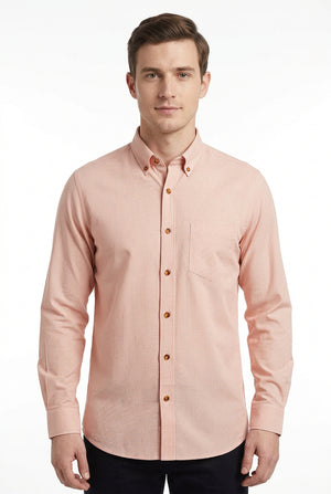 Peach Arvind Polycot shirt fabric with signature cotton texture, showcasing a smooth, woven textile pattern for stylish apparel.