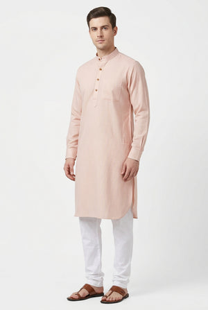 Peach Arvind Polycot shirt fabric with cotton blend, featuring a smooth texture and vibrant color for stylish clothing.