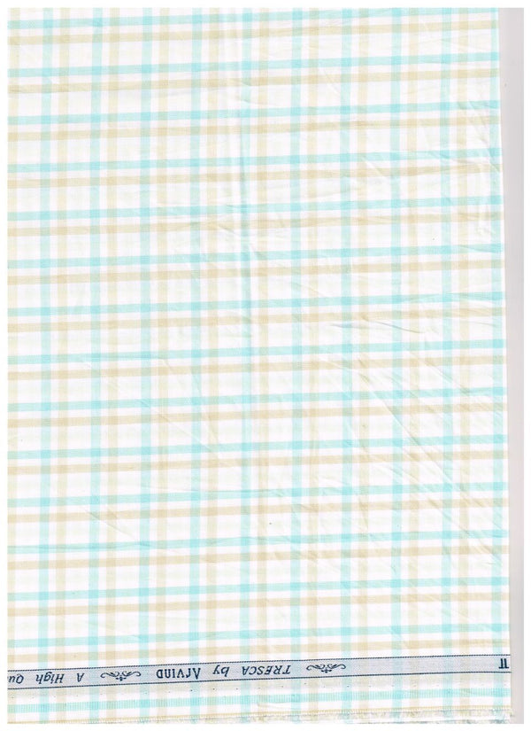 Green checkered Arvind Giza cotton shirt fabric with white checks, showcasing high-quality textile design.
