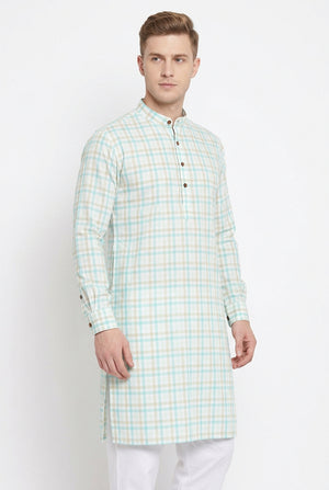Arvind tresca giza cotton readymade kurta green checks on white
