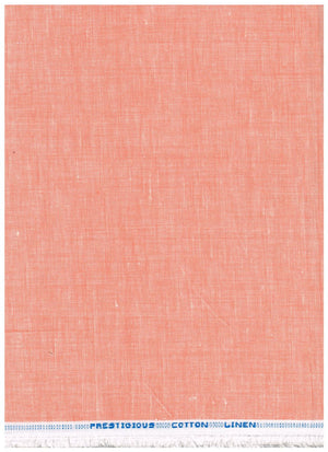 A square sample of textured cotton fabric in a warm coral or salmon pink color, with a white printed header strip at the top reading 'PRESTOIOUS COTTON LINEN'.