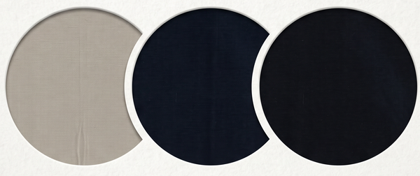 Mafatlal poly viscose suiting fabric in black, navy, and beige for trousers, shown in a pack of three fabric swatches.