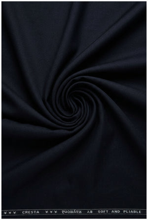 Blackish blue Raymond Terry rayon suiting fabric swatch with textured pattern and subtle sheen, ideal for tailored suits.