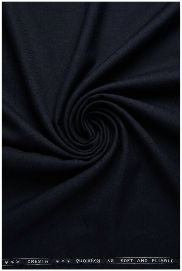Blackish blue Raymond Terry rayon suiting fabric swatch with textured pattern and subtle sheen, ideal for tailored suits.