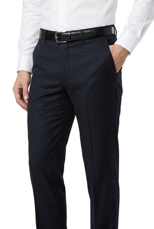 Blackish blue Raymond Terry rayon suiting fabric swatch with textured pattern and subtle sheen, ideal for tailored suits.
