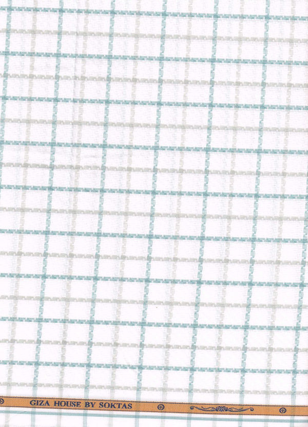 soktas giza cotton self design green & grey checks on white background shirt fabric