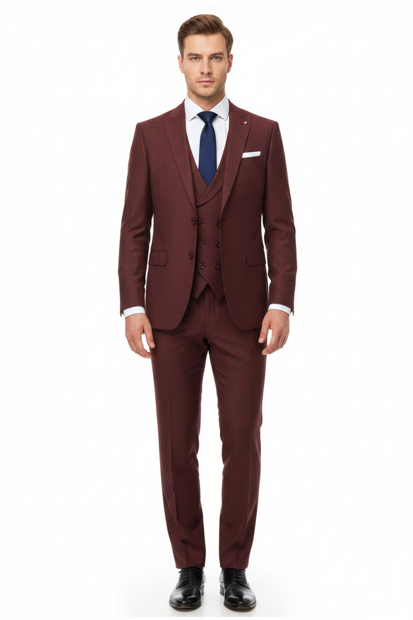 Red Raymond Luxurious Unstitched Polywool trousers and suiting fabric showing textured fabric and vibrant color detail.