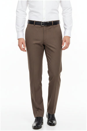 Brown Raymond polyviscose trouser fabric swatch, unstitched textile with a smooth texture and subtle sheen.
