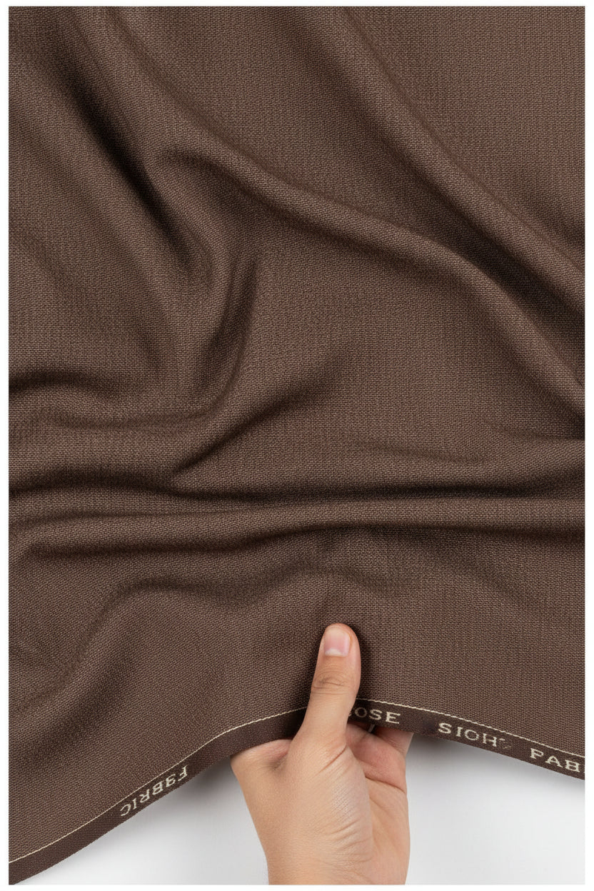 Raymond unstitched polyviscose trouser fabric in brown with a smooth, textured finish, ideal for tailored men's trousers.