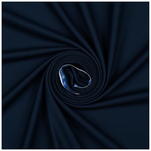 Navy blue Raymond polywool suiting fabric with wool blend texture, suitable for tailored suits and formal wear.