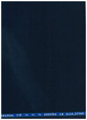 A close-up of dark navy blue fabric with a blue elastic trim at the top featuring the text 'DOLCE'VITA BY ronald' and 'ALL WEATHER'.