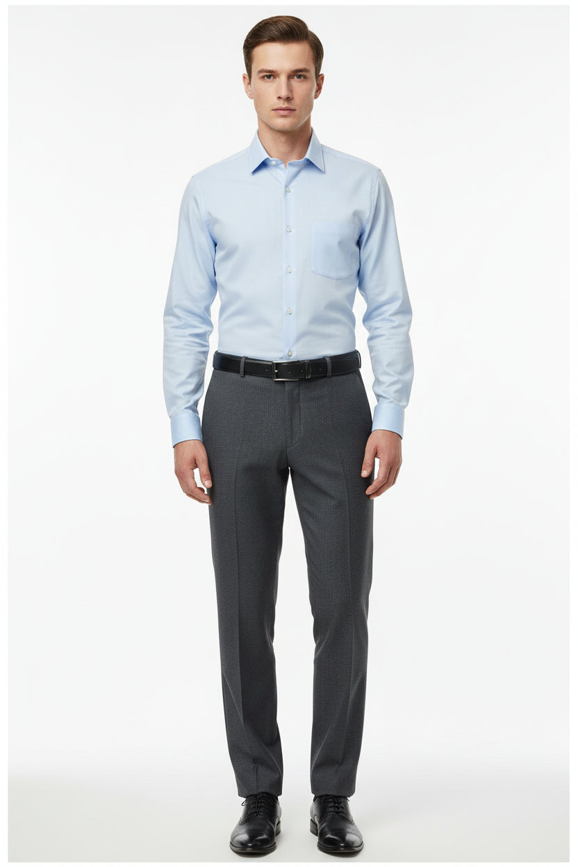 Raymond Polywool suit fabric in charcoal grey, wool blend with a smooth texture, suitable for tailoring and suit making.