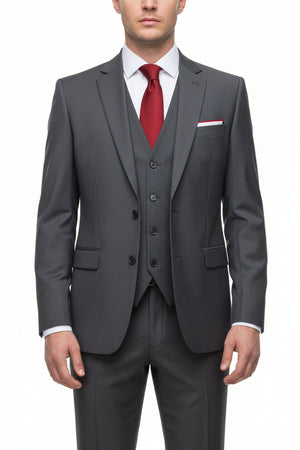 Raymond Polywool suit fabric in charcoal grey, wool blend with a smooth, woven texture for tailoring and suit making.