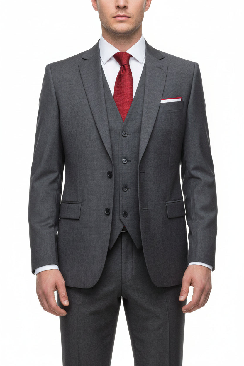 Raymond Polywool suit fabric in charcoal grey, wool blend with a smooth, woven texture for tailoring and suit making.