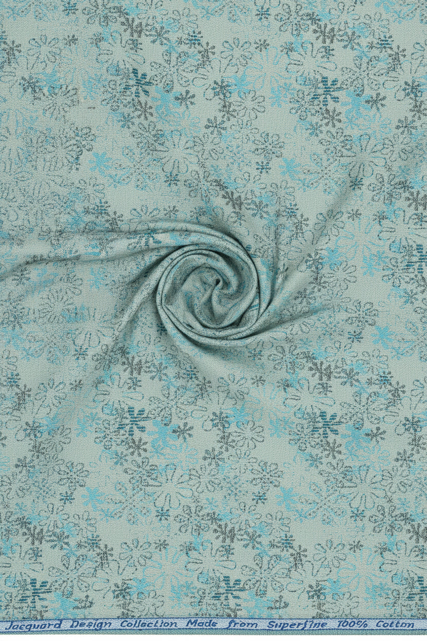 Teal blue Arvind Jacquard cotton unstitched shirting fabric with intricate patterns, ideal for creating custom shirts.