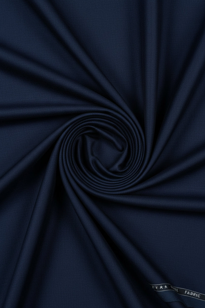 Navy fabric swatch with brand label at the top