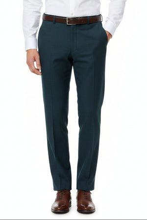Raymond unstitched poly viscose trousers fabric in dark slate green, lightweight and smooth textile for custom tailoring.