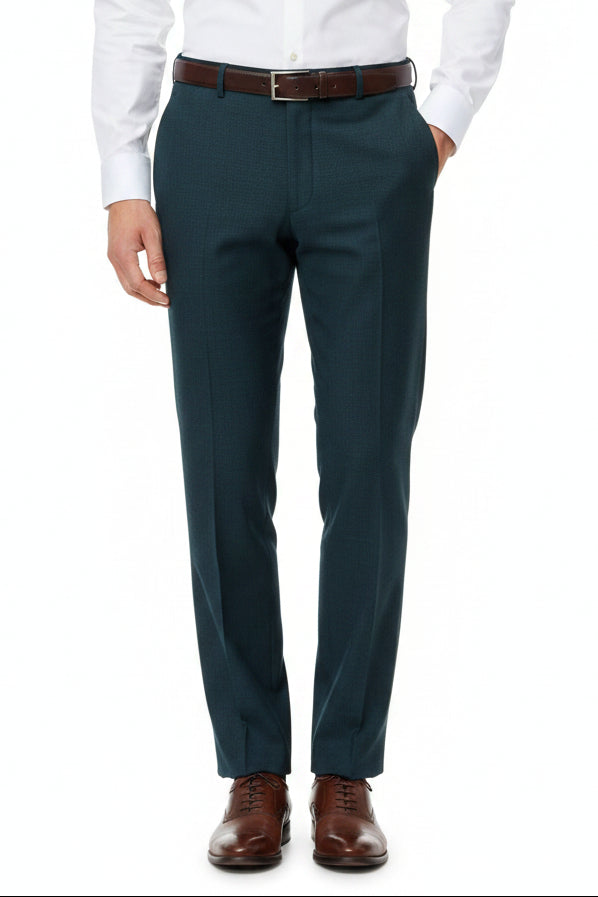 Raymond unstitched poly viscose trousers fabric in dark slate green, lightweight and smooth textile for custom tailoring.