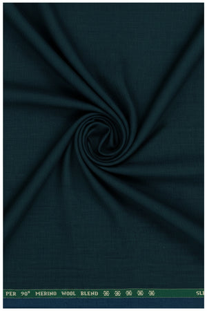 Raymond unstitched poly viscose trousers fabric in dark slate green, close-up of textured fabric with subtle sheen