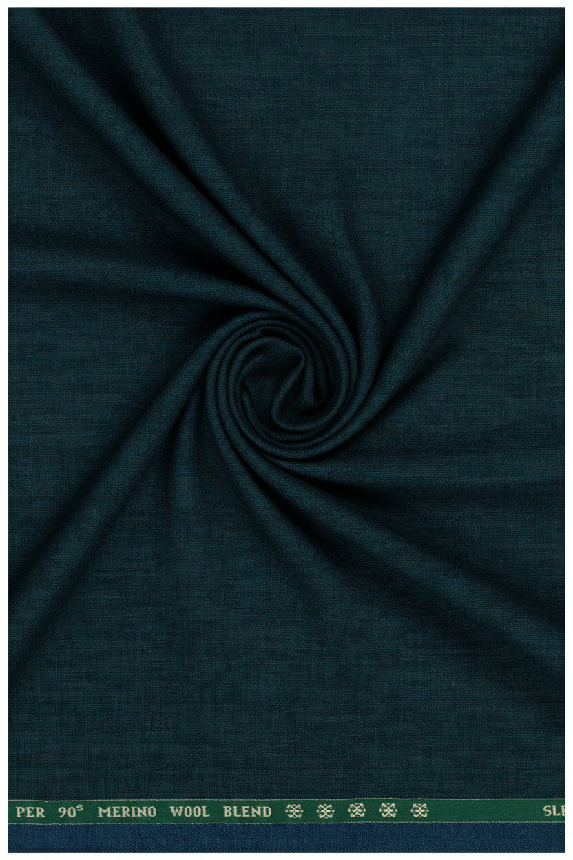 Raymond unstitched poly viscose trousers fabric in dark slate green, close-up of textured fabric with subtle sheen