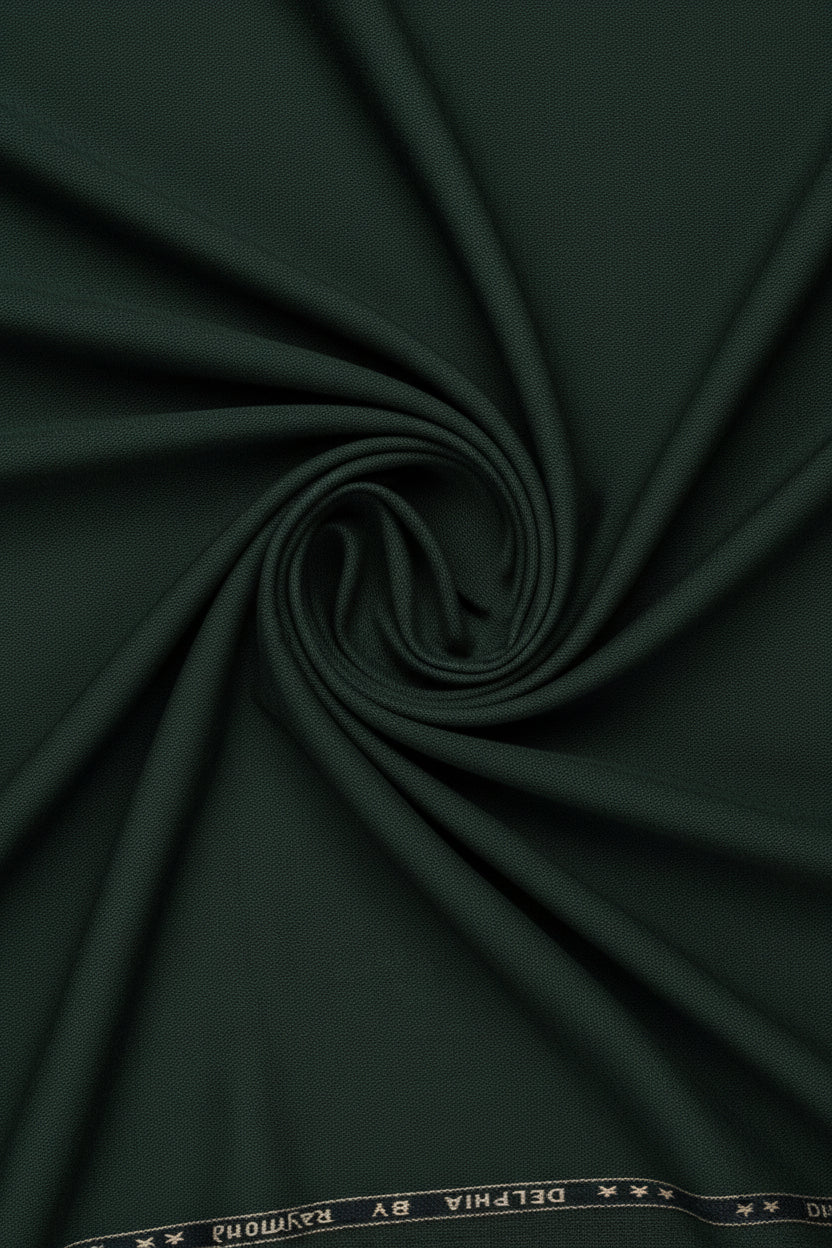 Raymond unstitched poly viscose trousers and suiting fabric in seaweed green, fabric swatches with textured appearance and natural drape