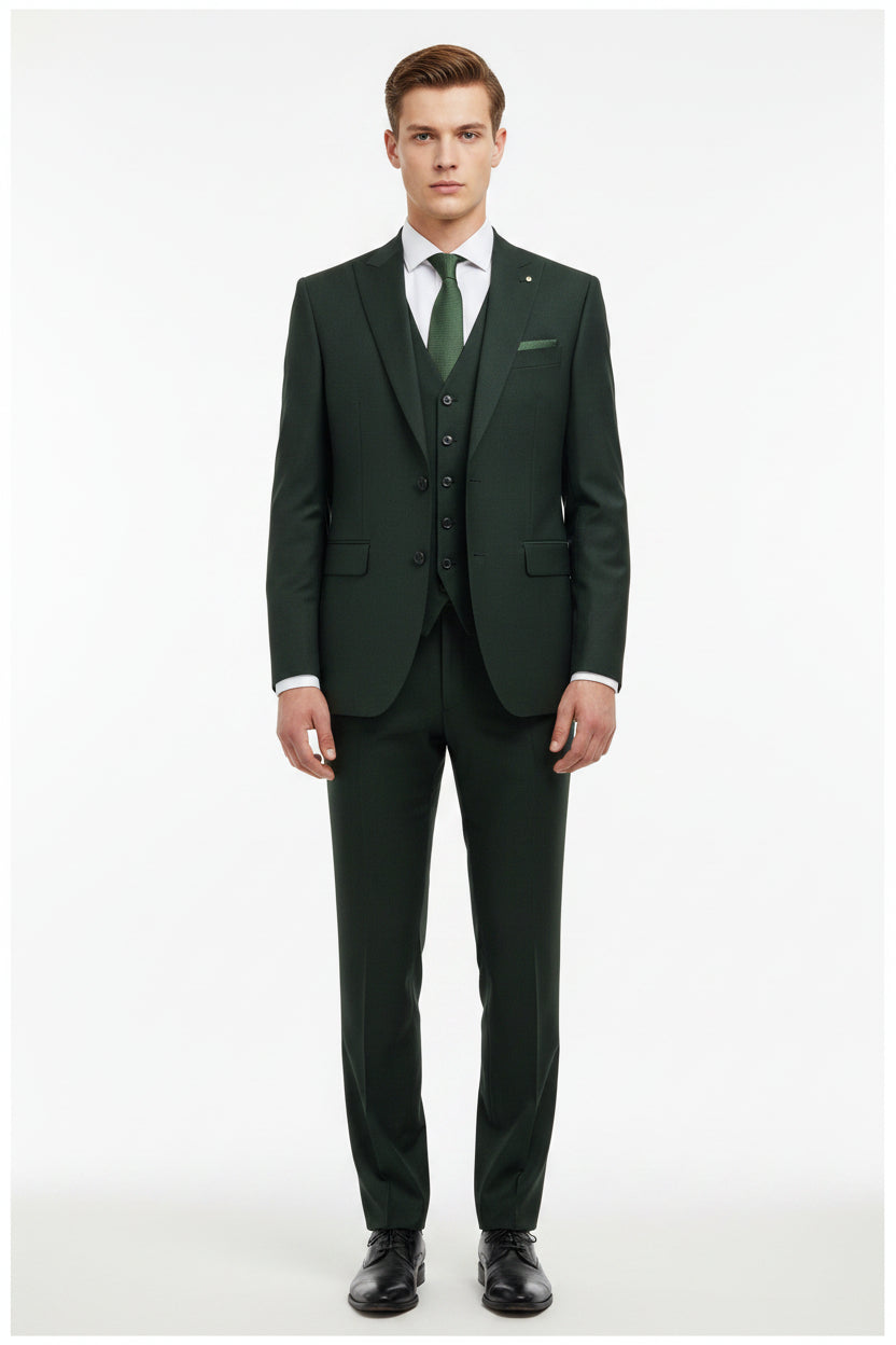 Raymond unstitched poly viscose trousers and suiting fabric in seaweed green, shown in a close-up fabric detail image.