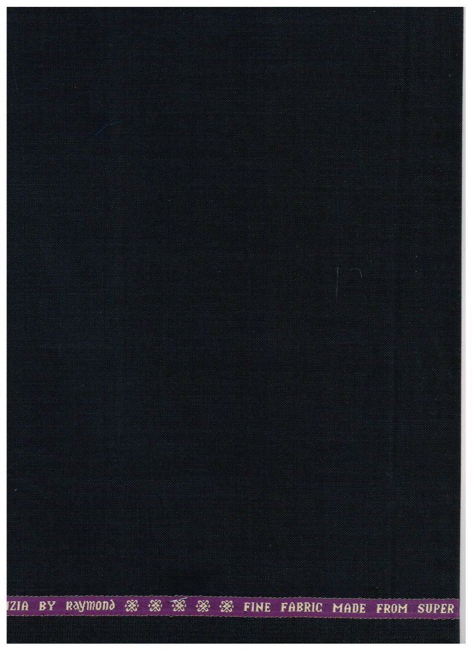 A dark navy blue fabric swatch with a purple printed header strip at the top reading 'FINE FABRIC MADE FROM SUPER 10 YD RYEMOND'.
