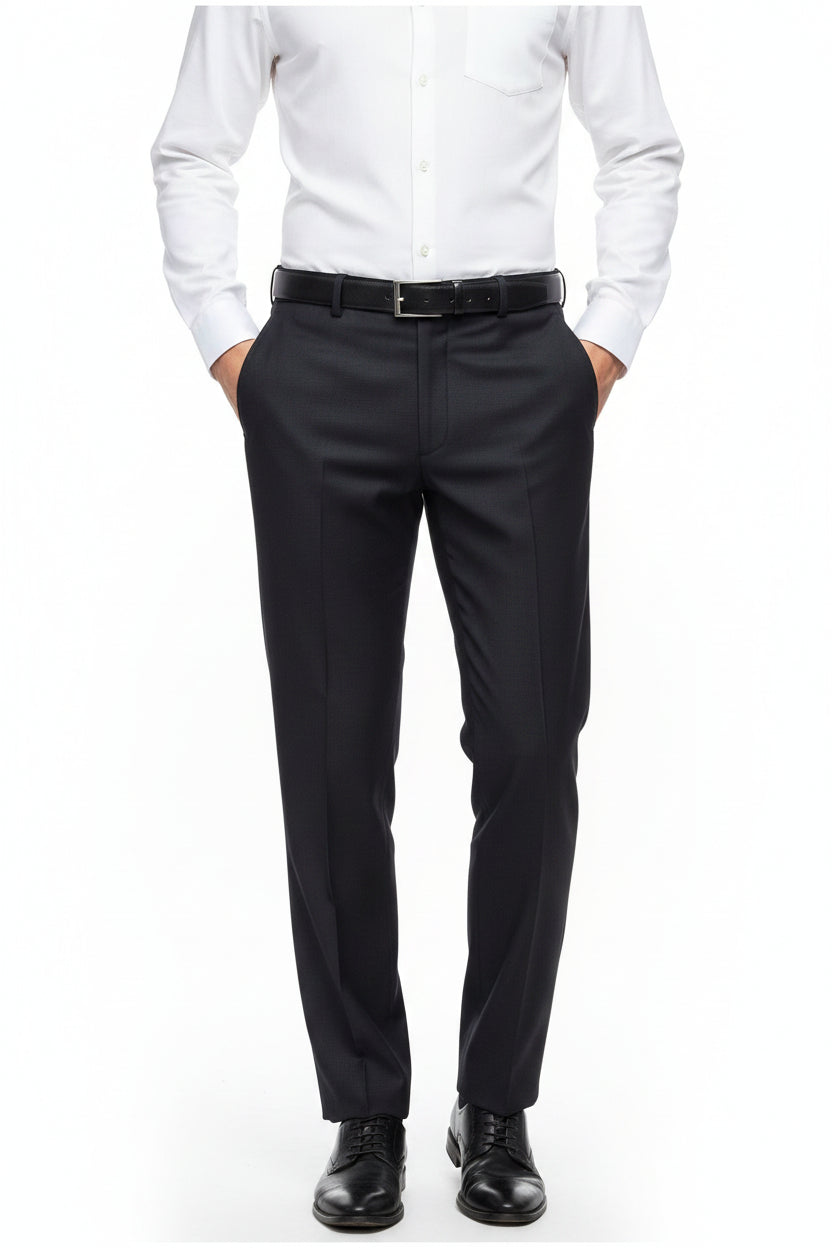 Dark navy blue Arvind Polyviscose trousers and suiting fabric, close-up of woven textile with subtle texture.