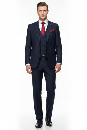 Dark navy blue Arvind Polyviscose trousers and suiting fabric, showcasing smooth texture and tailored appearance.