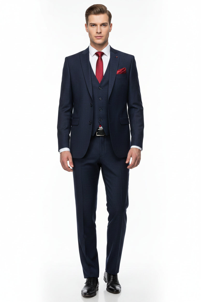 Dark navy blue Arvind Polyviscose trousers and suiting fabric, showcasing smooth texture and tailored appearance.