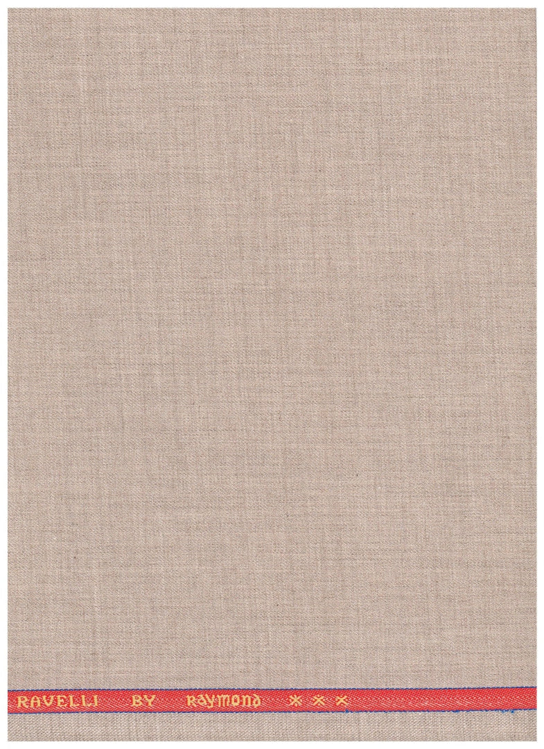 Raymond unstitched poly viscose trousers and suiting fabric in tan beige, fabric piece with draped texture and woven pattern.