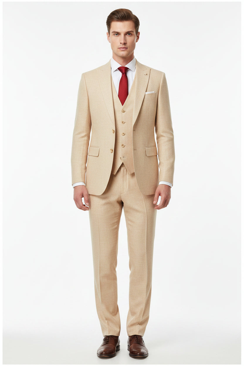 Raymond sand beige poly viscose trousers and suit fabric, unstitched textile for custom tailoring, shown laid flat.