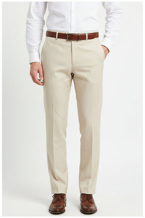 Raymond unstitched poly viscose trousers and suiting fabric in sand beige, showing fabric texture and color detail.