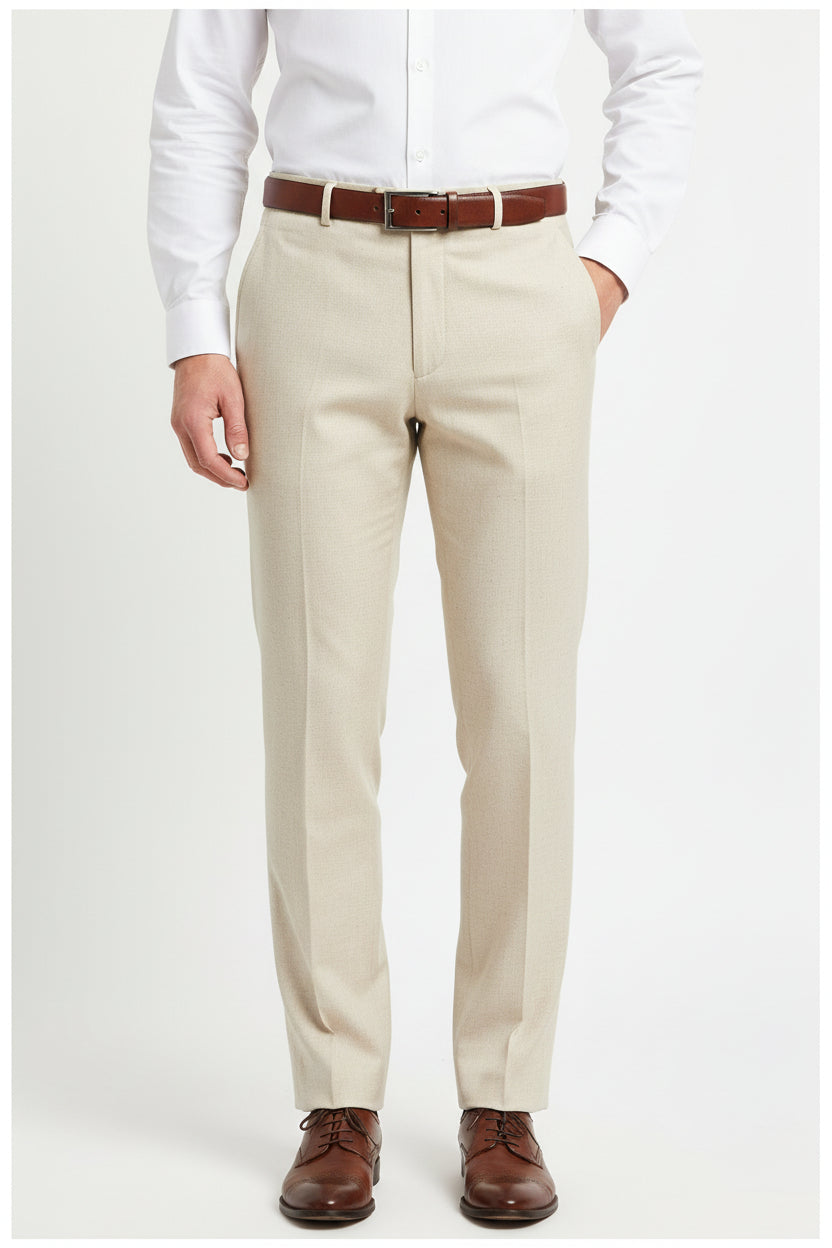 Raymond unstitched poly viscose trousers and suiting fabric in sand beige, showing fabric texture and color detail.