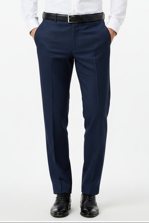 Raymond Polyviscose trousers and suiting fabric in slate blue, showing the textured woven material and fabric close-up.
