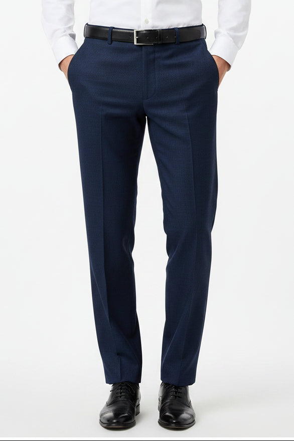 Raymond Polyviscose trousers and suiting fabric in slate blue, showing the textured woven material and fabric close-up.