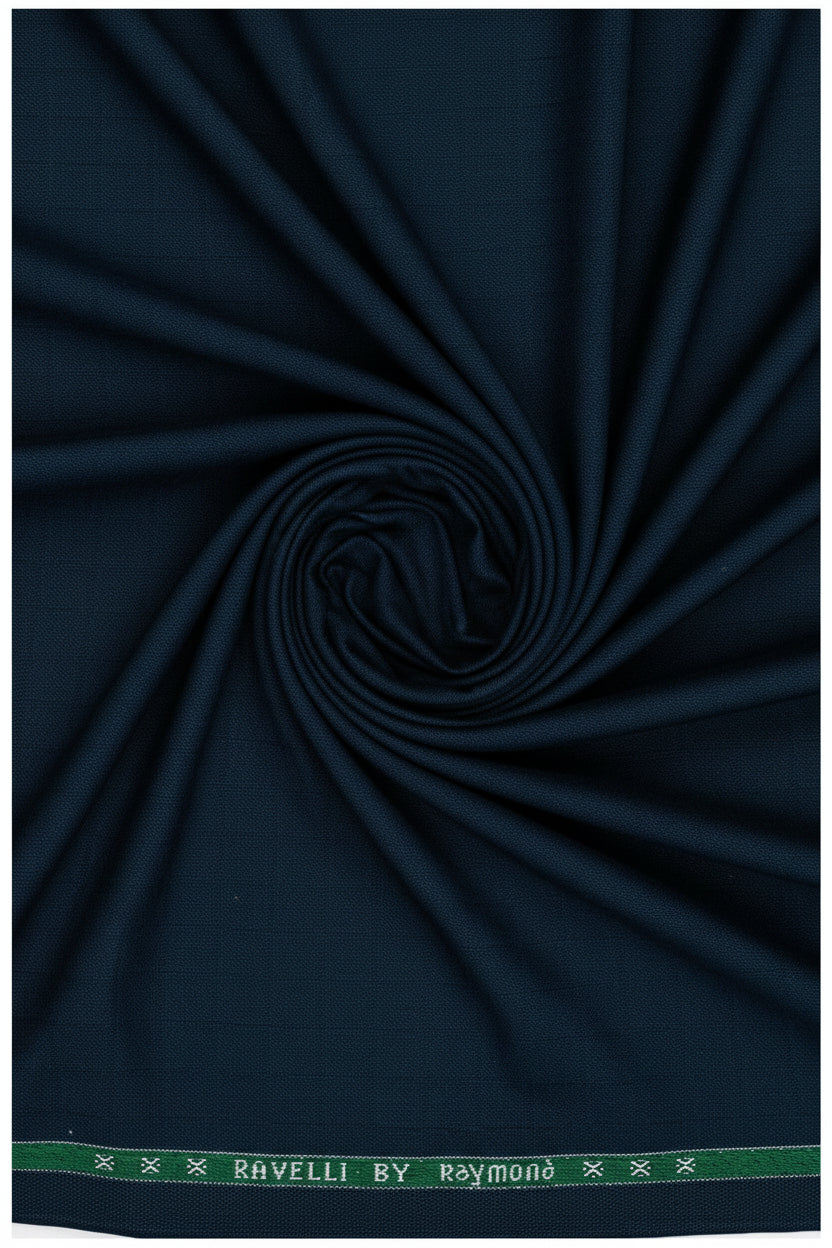 Raymond Polyviscose slate blue trousers and suiting fabric, close-up of textured textile for tailored clothing.