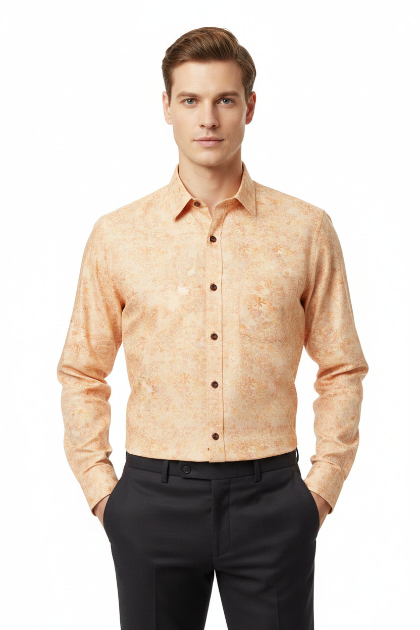 Arvind Jacquard Cotton Unstitched Shirting Fabric in Aurore Orange with intricate jacquard patterns, ideal for custom shirts.
