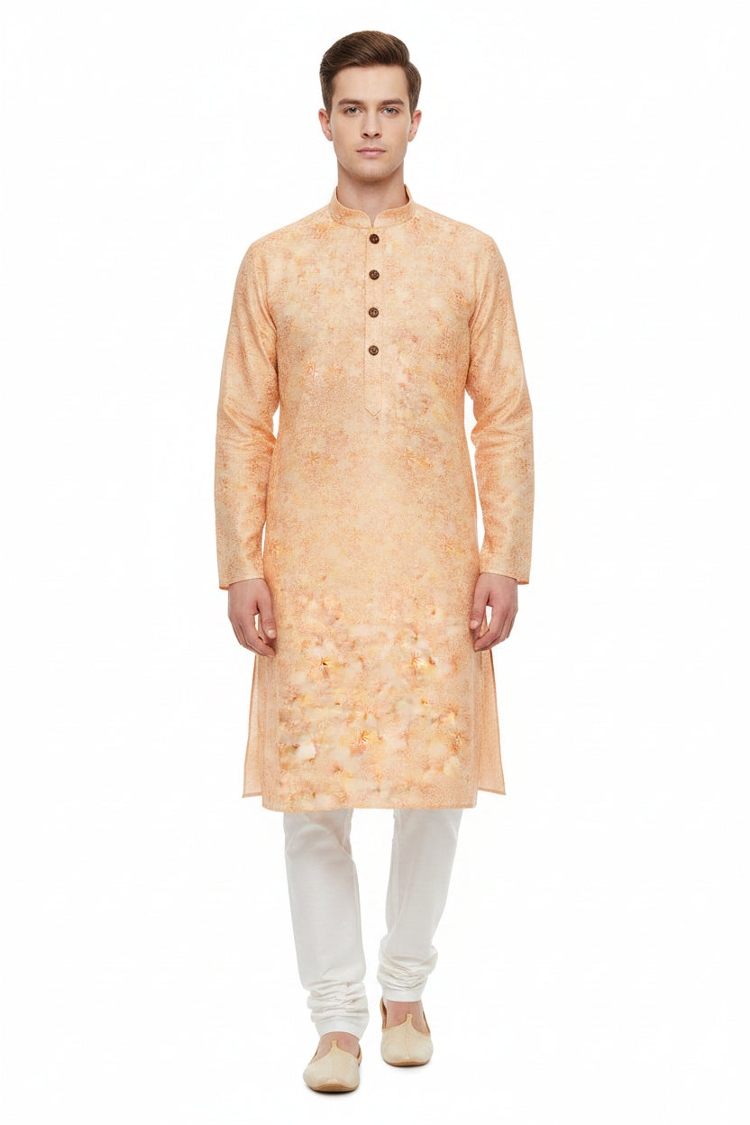 Arvind Jacquard cotton unstitched shirting fabric in Aurore Orange with intricate jacquard patterns, ideal for custom shirts.