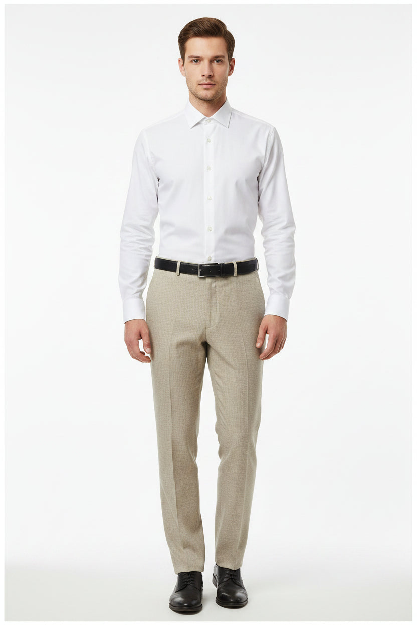 Beige Raymond polyester wool trouser fabric, unstitched suiting material with a smooth texture and classic appearance.