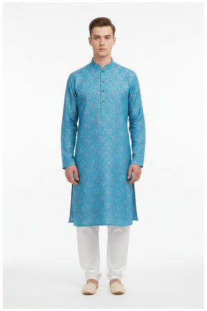Steel blue Arvind Jacquard cotton shirting fabric, unstitched textile with intricate jacquard patterns and smooth texture.
