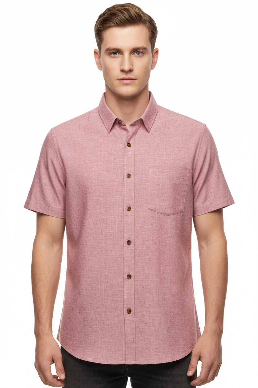 Rose pink Tresca cotton digital print shirting fabric by Arvind, showcasing intricate floral patterns and smooth cotton texture.
